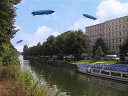 Neukölln ist immer wieder für eine Überraschung gut: Luftschiffe über dem Maybachufer; Collage von Klaus Bortoluzzi.